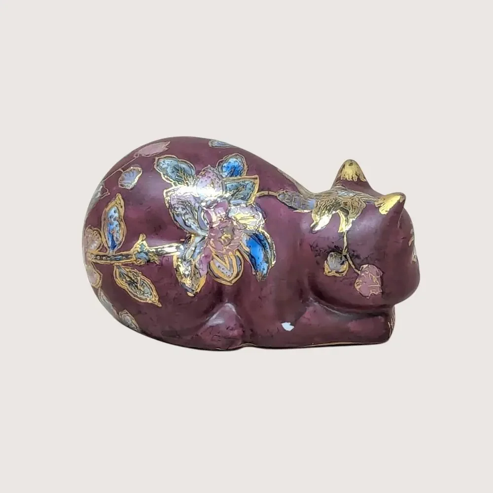 1980s FF Fine Florals Ceramic Cat Figurine Chinoiserie Style